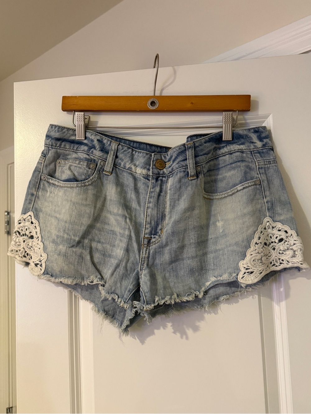 American Eagle Outfitters Light Blue Denim Shorts with White Lace